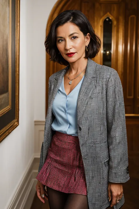 photorealistic photo of philcunk, A mature woman wearing a light blue blouse and a dark gray checkered jacket.,  short skirts, fine lines and wrinkles, standing in a museum, looking at the camera, realistic, (masterpiece:1.1), ( best quality photograph:1.1...