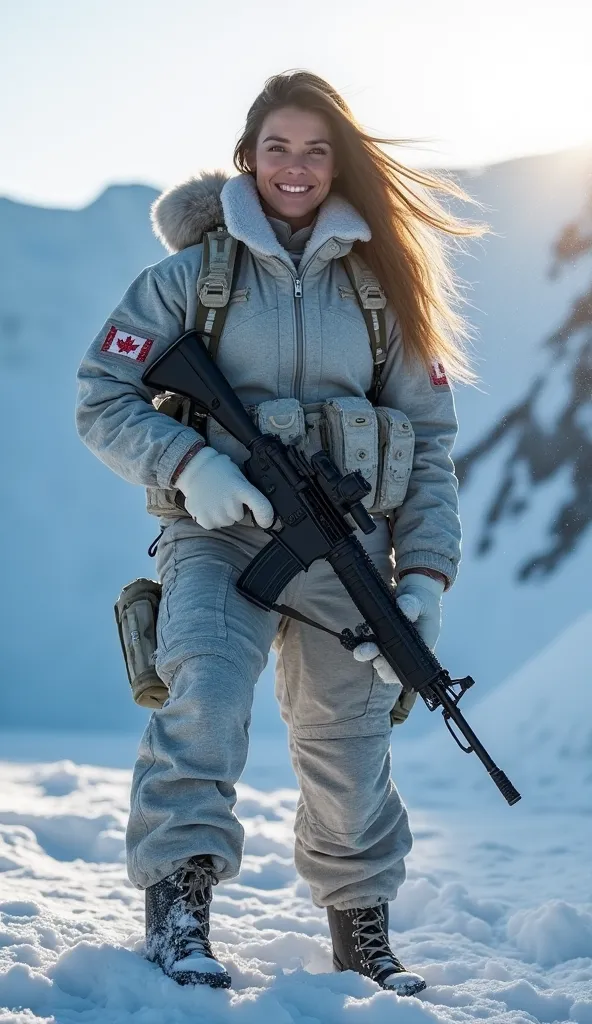 A statuesque Canadian soldier stands atop a snow-covered ridge in the Arctic, her 46-inch chest accentuated by a frost-resistant military uniform. Glowing white skin contrasts with icy blue surroundings as she grips her rifle, muscles flexing during a slow...