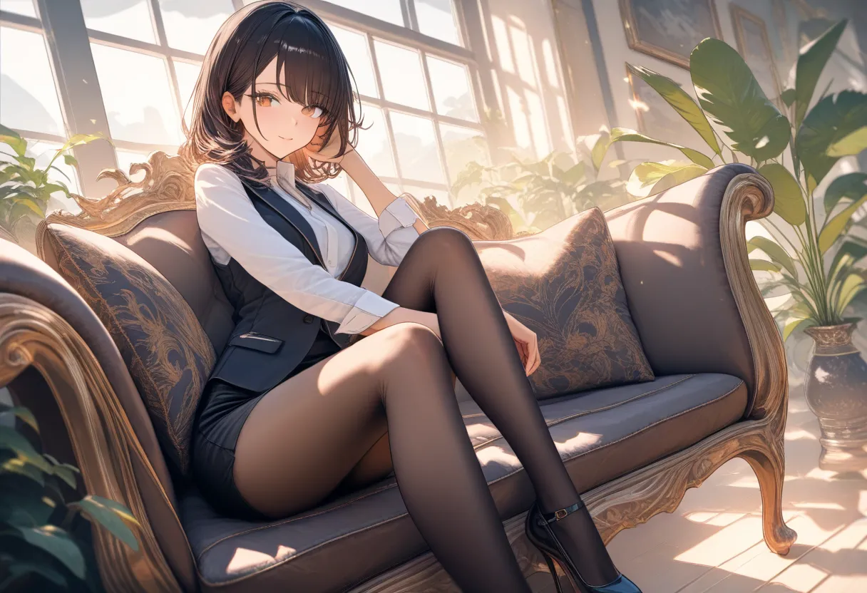 one women, dark pantyhose, white shirt, vest, pencil skirt, sitting, on couch, highly detailed, HD, 4K, Masterpiece, highres