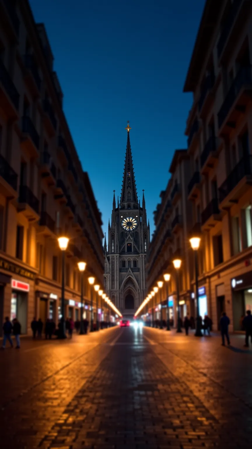 Create a background of a night city with streetlights some on and others off that give a sense of depth and in the background of the street there must be the shadow of the Milan cathedral, The image must be more defined and there must be no people