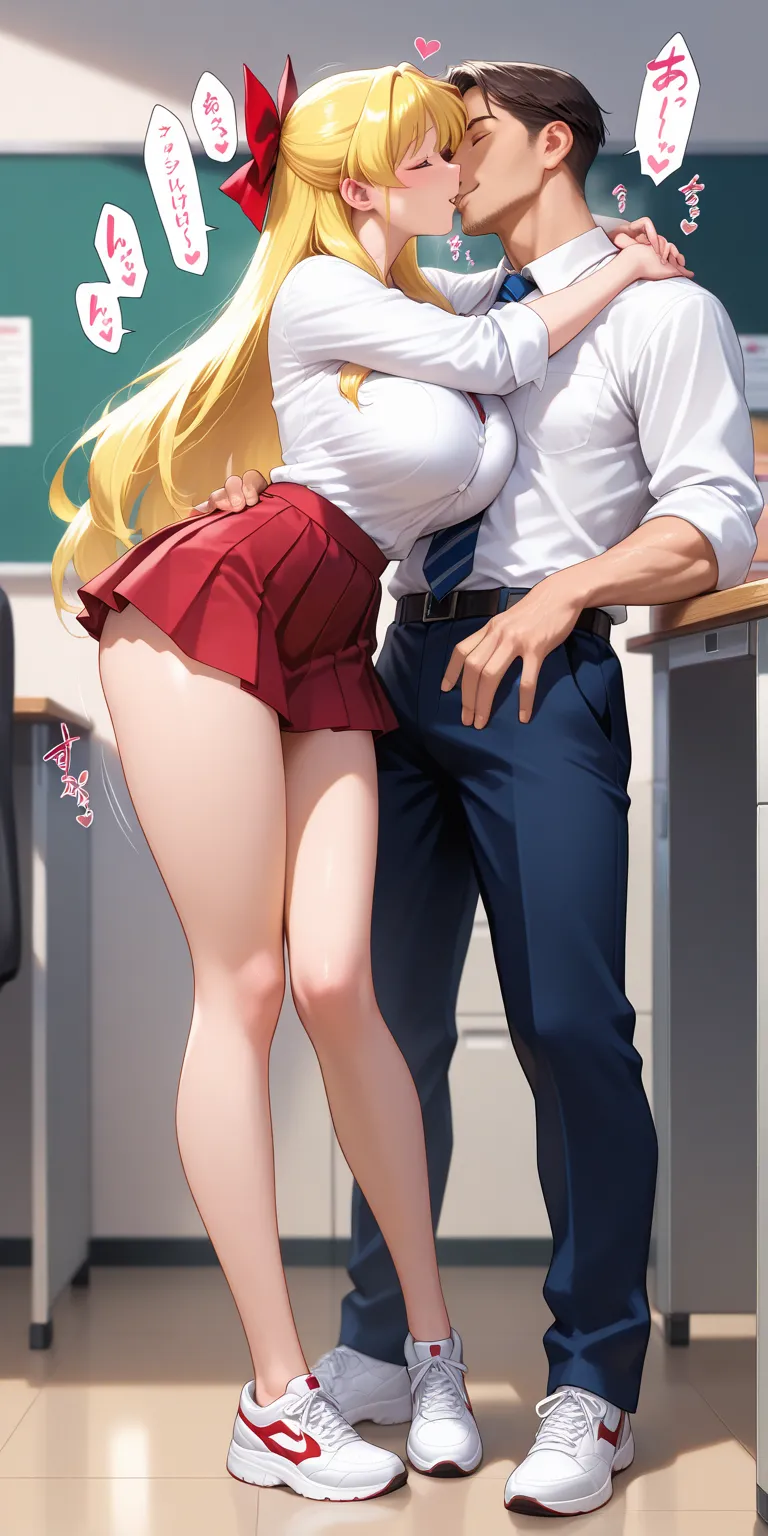 Masterpiece, newest, vibrant, mature woman, minako aino, tall, big breast, white school shirt, red pleated mini skirt cheekred motif, white sneakers, full body, parted lips, smile, old men, office suite, tall, muscular, embrace hips, deep kiss, on the clas...