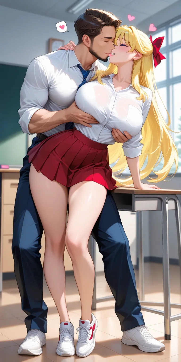 Masterpiece, newest, vibrant, mature woman, minako aino, tall, big breast, white school shirt, red pleated mini skirt cheekred motif, white sneakers, full body, parted lips, smile, old men, office suite, tall, muscular, embrace hips, deep kiss, on the clas...