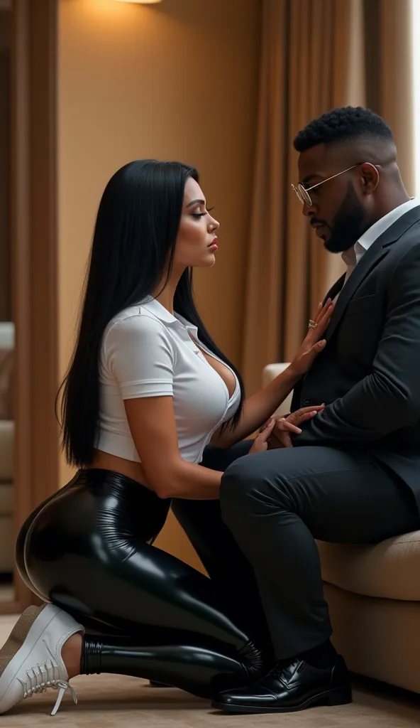 Kim Kardashian with long straight black hair  in a tight white poloshirt with buttons and collar and sleeves, large cleavage, in a very tight black latex Leggings , in the hotel room, Kim is wearing white sneakers, Kim has a very big fat ass, you see them ...