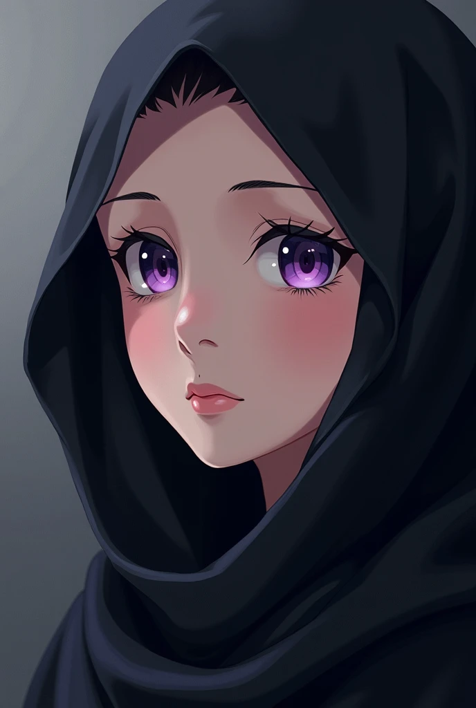 A picture of a girl from the Kuroko No Basket anime wearing a black Islamic hijab and her eyes are purple 