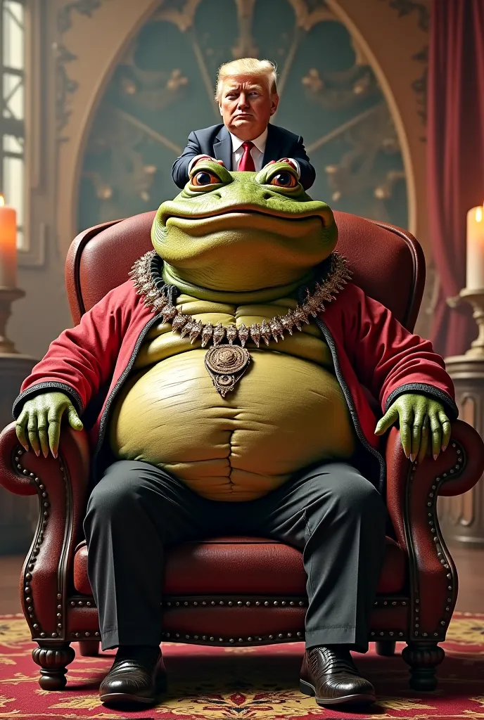 Trump as Jabba the Hutt with JD Vance as Salacious Crumb sitting on Jabba's lap