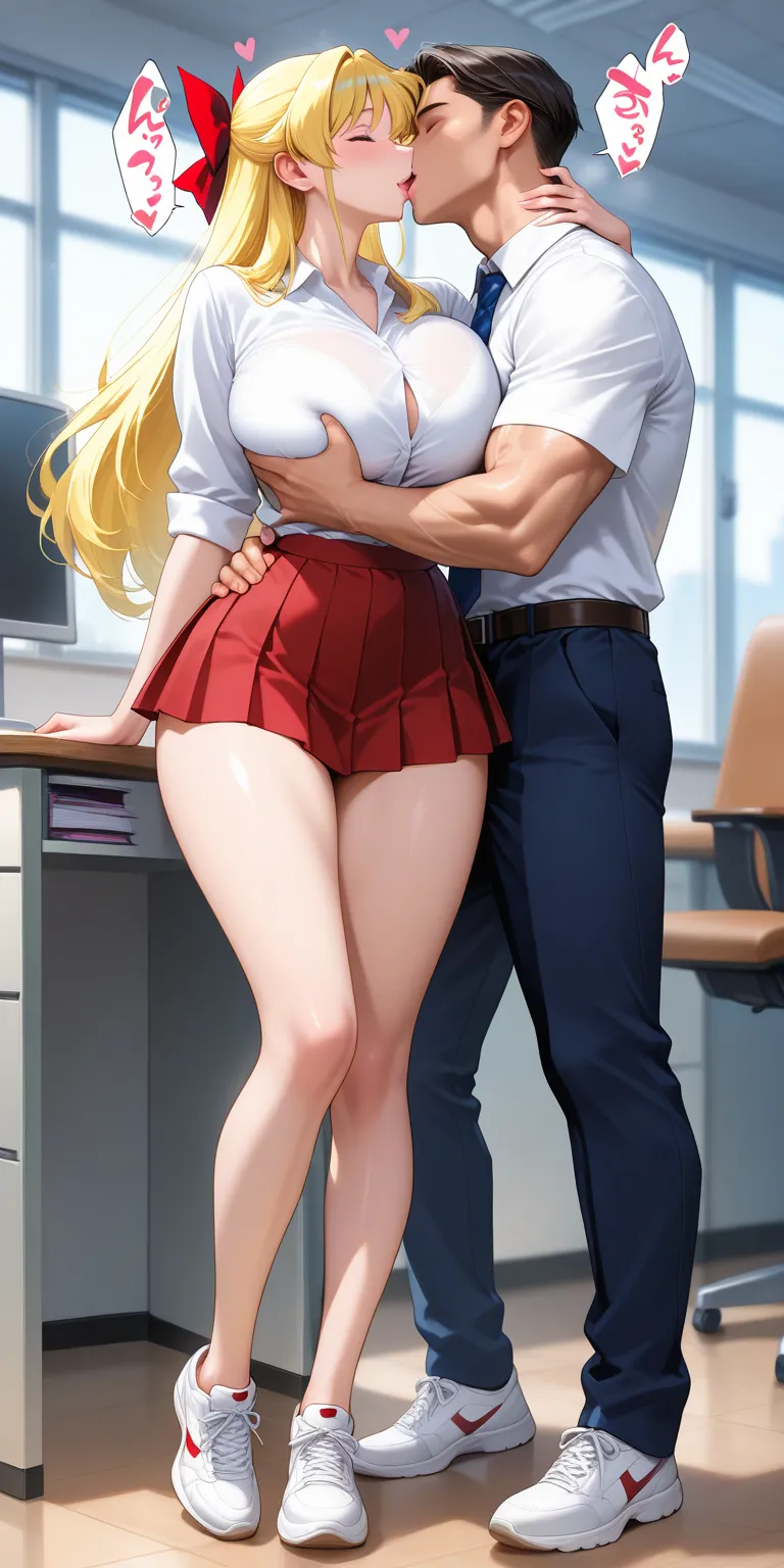 Masterpiece, newest, vibrant, mature woman, minako aino, tall, big breast, white school shirt, red pleated mini skirt cheekred motif, white sneakers, full body, parted lips, smile, old men, office suite, tall, muscular, embrace hips, deep kiss, french kiss...