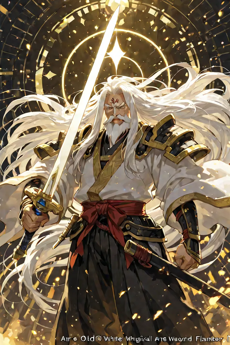 The old samurai white beard has long hair and clothes are not flashy, and the sword that uses a simple long sword shines slightly with magical power