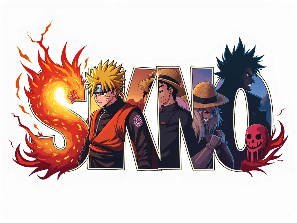 Create a logo for me where S is in Kurama mode, Oh H Goku's clothes, o o a dragon sphere, The U with a straw hat, The N with a hollow mask, O It's a stand, And the N with a sale