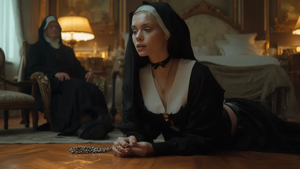 realsitic image, 20 years old NUN wearing a revealing black and white outfit, similar to a gothic or lingerie-inspired version of a traditional habit in a well-lit, luxurious room. She wears a sleek, polished dog collar with a chain held by a rich old man ...