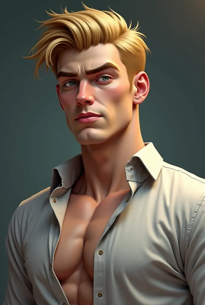 Create me a picture of a tall young man, pumped up, handsome blonde guy  , so that he looks like the head of the mafia , blond hair , beautiful hairstyle,  grey eyes , coarse facial features , He is wearing a shirt and buttons are open on top so that he is...