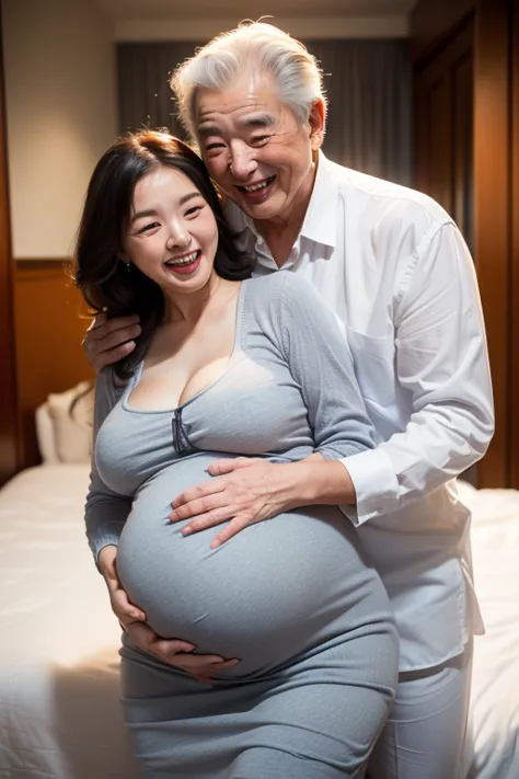 full body, top-quality, masterpiece, (((80 years old korean man and 22 years old bightly smile korean girl couples facing each other))), korean Girl sitting on the bed, (80 years old korean man hugging young girl) , big breasts, girl wear thick grey maxi k...