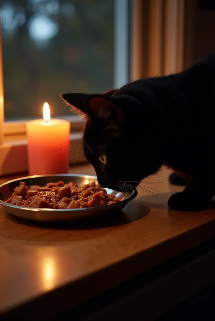 Create image of The stainless-steel dish reflects the flickering candle on the counter as Midnight leans in, whiskers twitching. A soft purring begins as the cat takes its first eager bite, savoring the rich flavor. The world outside is silent, except for ...