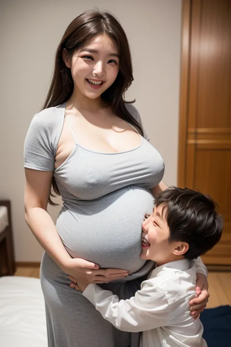 full body, top-quality, masterpiece, (((80 years old korean man and 22 years old bightly smile korean girl couples facing each other))), korean Girl sitting on the bed, (80 years old korean man hugging young girl) , big breasts, girl wear thick grey maxi k...