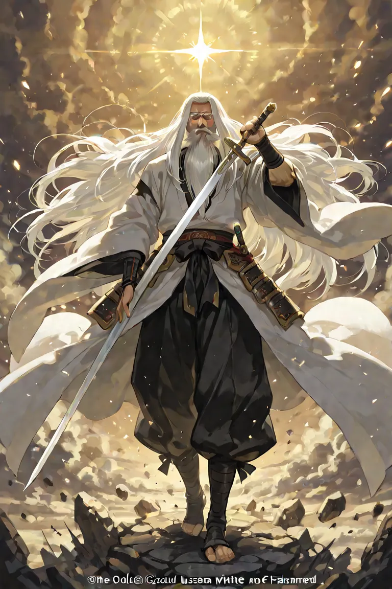 The old samurai white beard has long hair and clothes are not flashy, and the sword that uses a simple long sword shines slightly with magical power