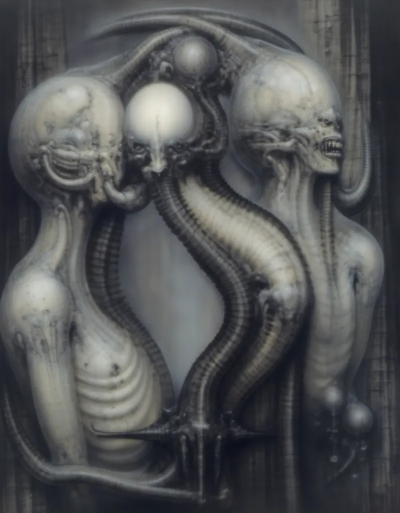 Please reproduce the original image as accurately as possible, capturing the intricate details of the biomechanical structures, the dramatic lighting, and the overall sense of unease. Find and enhance depiction of Giger's demons and creatures.(best quality...