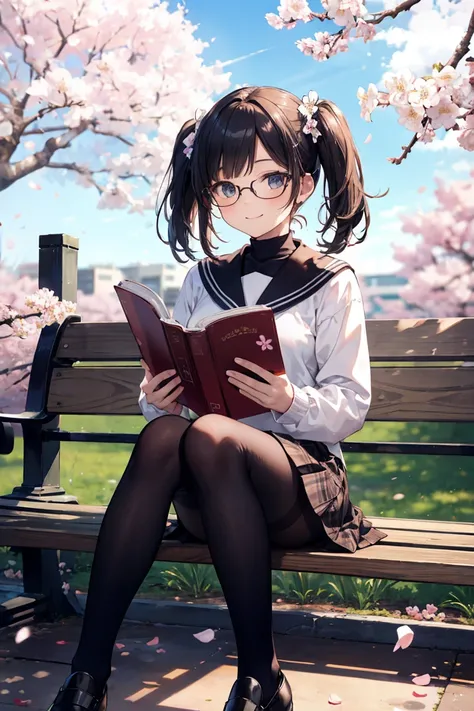 (masterpiece), high image quality during sick leave,high quality,8k,woman, shoulder bag,Knee Socks,small breasts, black hair, Hair,with bangs,Twin tail cut ,glasses,realistic, skinny, sailor suit,plaid skirt,smile,,((Reading a book under cherry blossoms in...