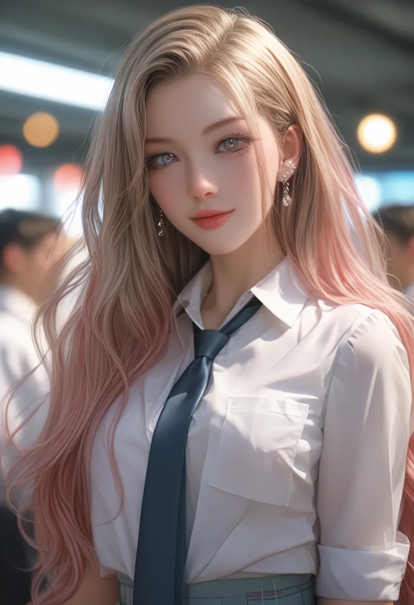 A portrait of Marin Kitagawa from My Dress-Up Darling (Sono Bisque Doll), featuring her signature long, flowing hair with a gradient from platinum blonde to pastel pink tips, styled with subtle waves. Her large, expressive pink-tinted eyes are enhanced wit...