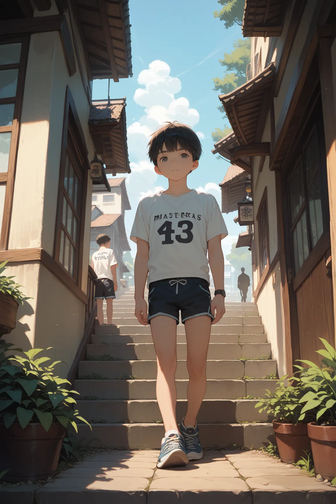 high quality,masterpiece,((anime style)),((1 japanese boys)),short hair,short pants,short t-shirt,step,silhouette of elect penis,