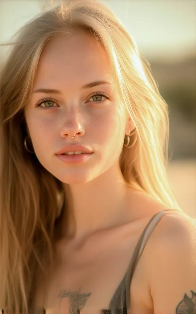 blonde girl with brown eyes ,  Skin with moles,  wears a tank top young European woman, bright eyes, long blonde hair with strands, Just a few freckles on her cheeks, She has a visible tattoo on her neck, A piercing can be seen, earrings can be seen, That ...