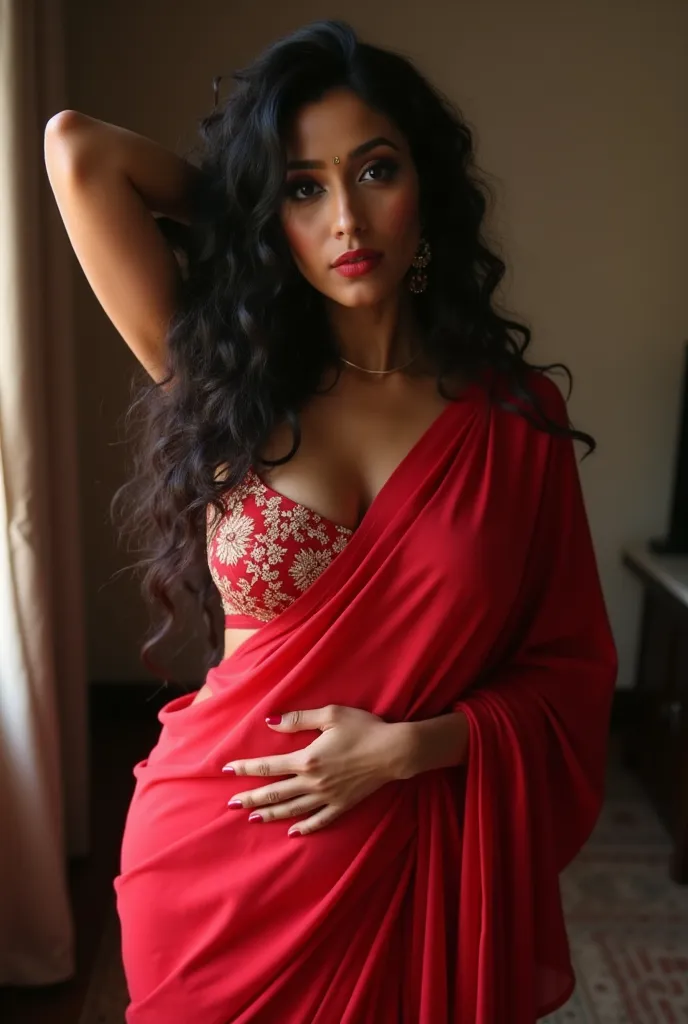 ((full body, curvy figure)), ((Indian milf, indian woman, milf)), (((ultra realistic))) Photo, masterpiece, top quality, (pale skin), (Ultra detailed face and eyes:1.2), 1 girl, Adult, ((in one size too small saree)), strapless saree blouse, ((very heavy e...