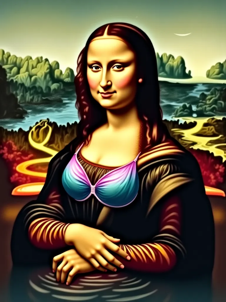 Create the painting of Mona Lisa in a swimsuit