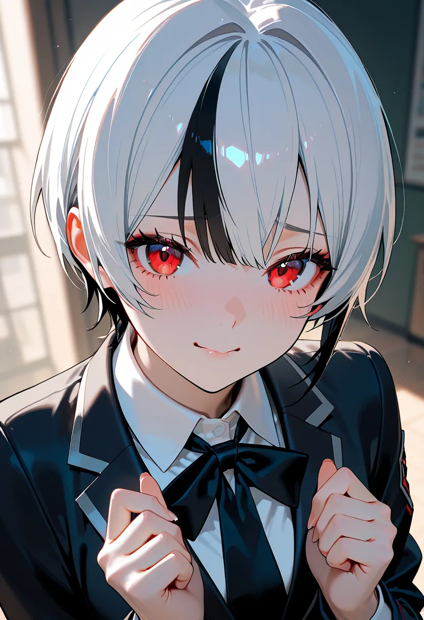 1 female, short hair, white hair with black highlights, red eyes, beautiful face, shy face, wearing a black academy school uniform.