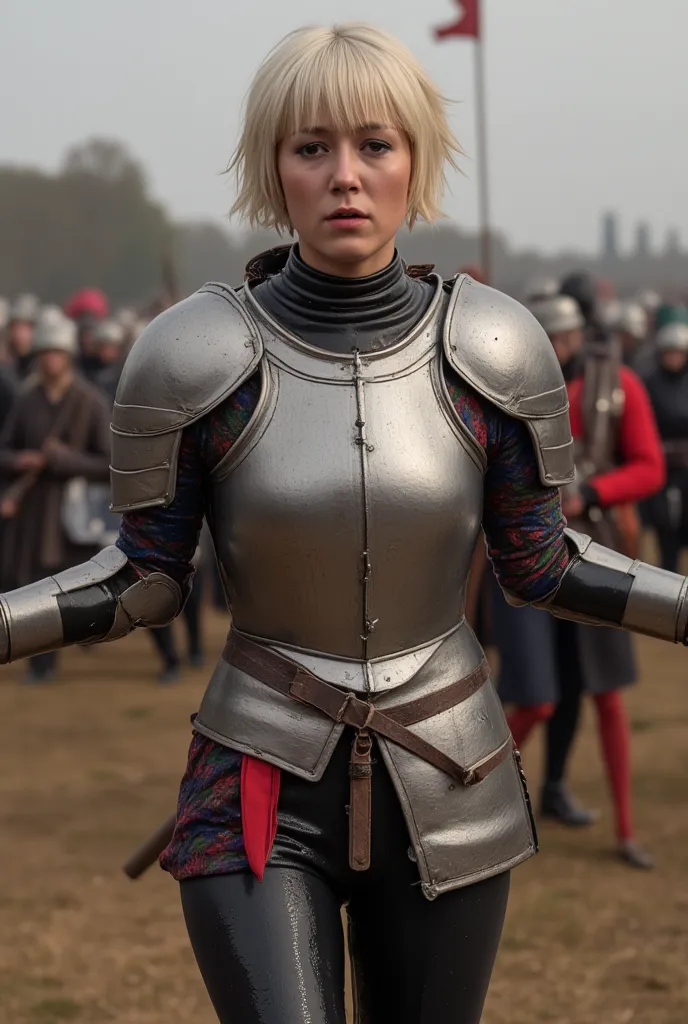 8k high resolution, best quality, 20 years old, dutch girl, short platinblonde hair, medieval times, female mercenary, wearing a fancy  colorfullgambeson and silver chestplate, battle in backround, scared, peeing herself, peeing her armor, pee running down...