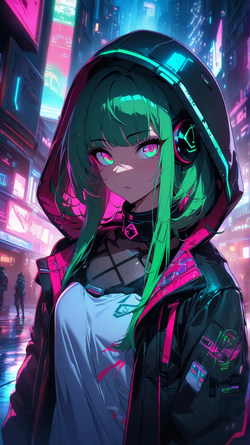 A futuristic cyberpunk girl with long, flowing mint-green hair accented with red streaks, standing in a neon-lit city street at night. She wears a sleek, oversized black and red techwear jacket adorned with various futuristic patches, symbols, and glowing ...