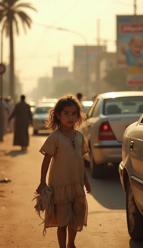 A young Egyptian girl, clad in tattered clothes, stands at a bustling intersection, her small hands tirelessly wiping car windshields with a worn-out rag. Her face tells a story of innocence intertwined with hardship—tired yet filled with a quiet resilienc...