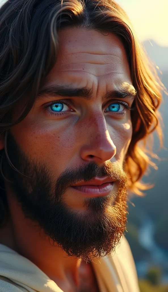 A highly detailed close-up of Jesus Christ facing the camera directly. His eyes are a brilliant, intense shade of deep blue, glowing with a mesmerizing luminosity. They have a gemstone-like quality, reflecting light with striking clarity, making them appea...