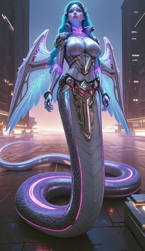 Create a massive, futuristic Serpent Woman, towering above a vast, quantum cyber city. Her upper body is human, but armored in sleek, advanced combat gear, featuring futuristic plating, glowing circuits, and neon accents, giving her the appearance of a hig...