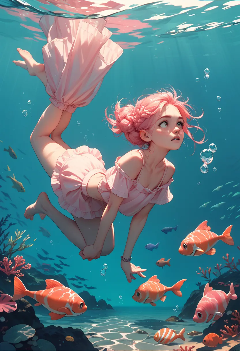 Girl with big pink twists swimming under the sea，There are also a few little fish around