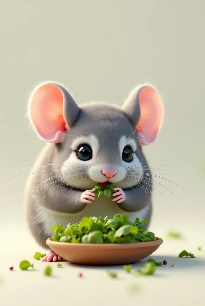 A fluffy chinchilla munching on a tiny salad.