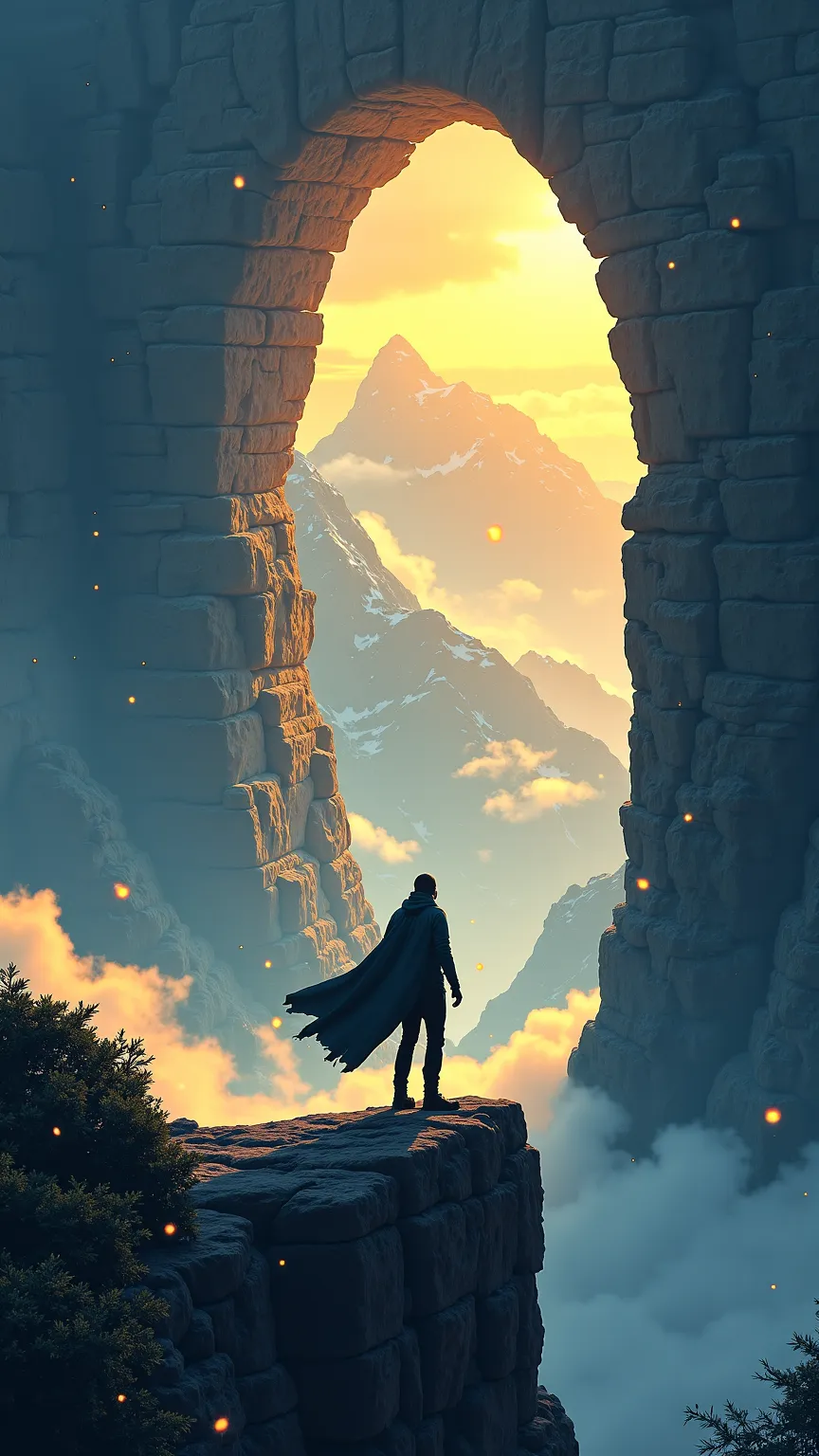 A lone traveler stands on a cliff beneath an ancient stone arch, with ethereal clouds floating like celestial gateways. Golden light rays pierce the dawn sky, reflecting a mystic mountain landscape. Air shimmers with magical particles, evoking strength and...