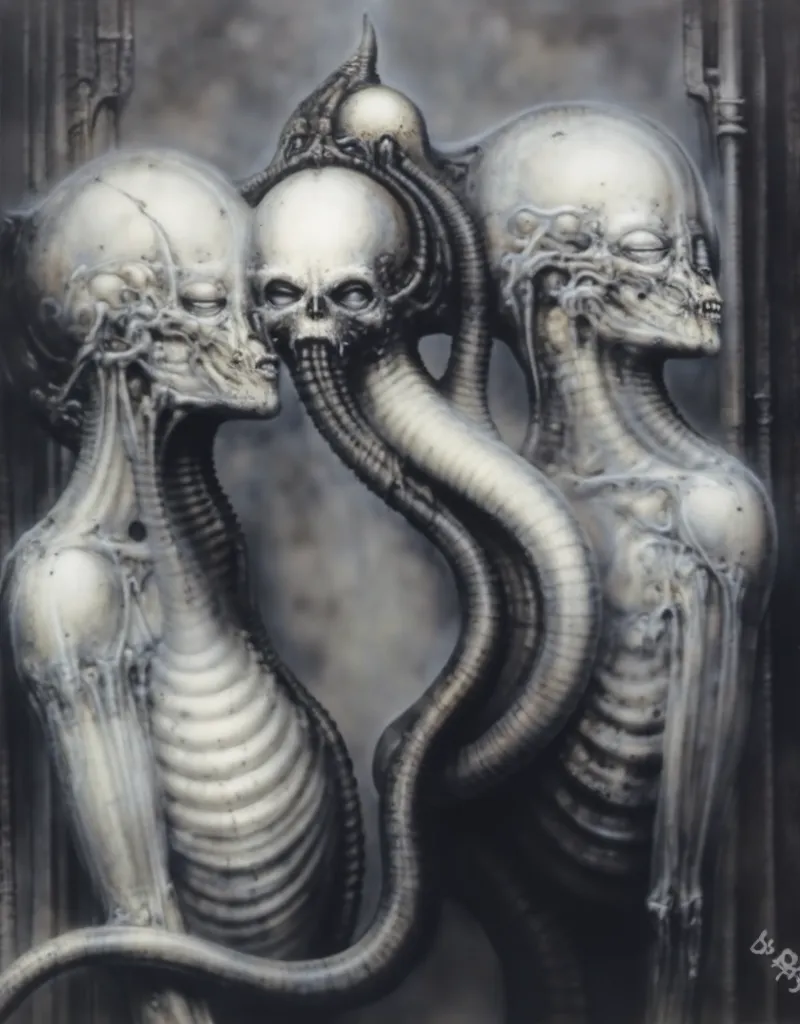 Please reproduce the original image as accurately as possible, capturing the intricate details of the biomechanical structures, the dramatic lighting, and the overall sense of unease. Find and enhance depiction of Giger's demons and creatures.(best quality...