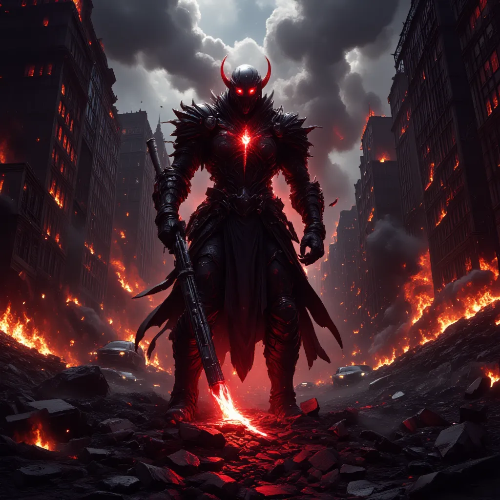 1.  Character Details :
Name: General Vorak, the Scourge of Ruins
An army-style warrior in armor, with red eyes and charred skin. He controls black flames and summons specters of dead soldiers.

2. Pose:
Standing on rubble,  with a gun in hand.  His postur...