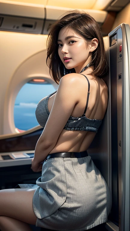  female 1 person, ((alone)), 2, Super Detailed Facial, detailed lips on the butt, detail eyes, Double eyelids, ( brown bob hair), (Japanese stewardess uniform:1.2), ( glamorous body ), (Big Breasts),  Thin Smile , thighs, (standing), Accurately, perfect im...