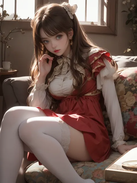 (  Premium ,  very detailed,  super resolution, 8k image),  WHITE TONE ,  good, brown curly hair , ( Saggy :1.5),  beautiful thighs, cute red dress, striped stockings, Alice in Wonderland, pretty cushion