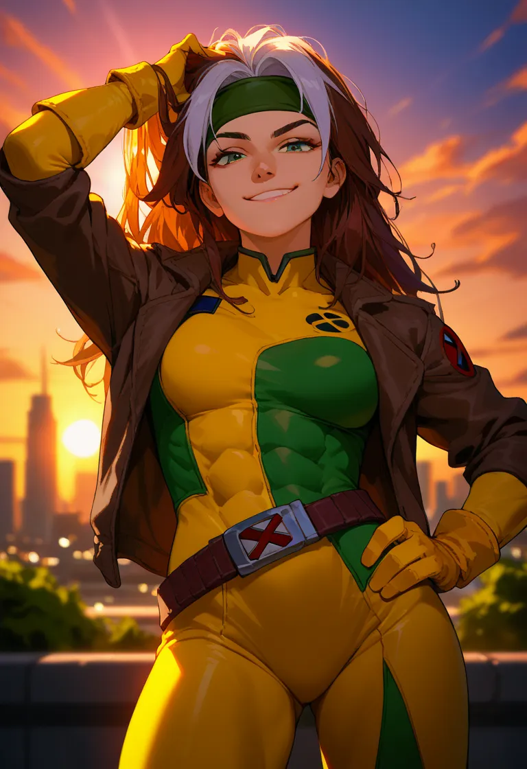 score_9, score_8_up, score_7_up, 1girl, solo, breasts, DEFrogue, long hair, dyed bangs, headband, bodysuit, brown jacket, yellow gloves, belt, outdoors, lens flare, sunset, depth of field, armpits, head towards viewer, looking at viewer, smile, smug, front...