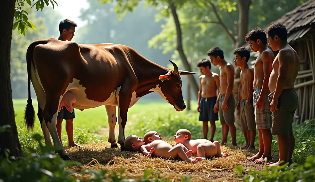 A surreal scene in a traditional Indonesian village, where a cow gives birth to two human twin babies. The village is surrounded by trees Lush green, wooden houses of stilts, and the rice fields stretching in the background. A group of villagers, including...