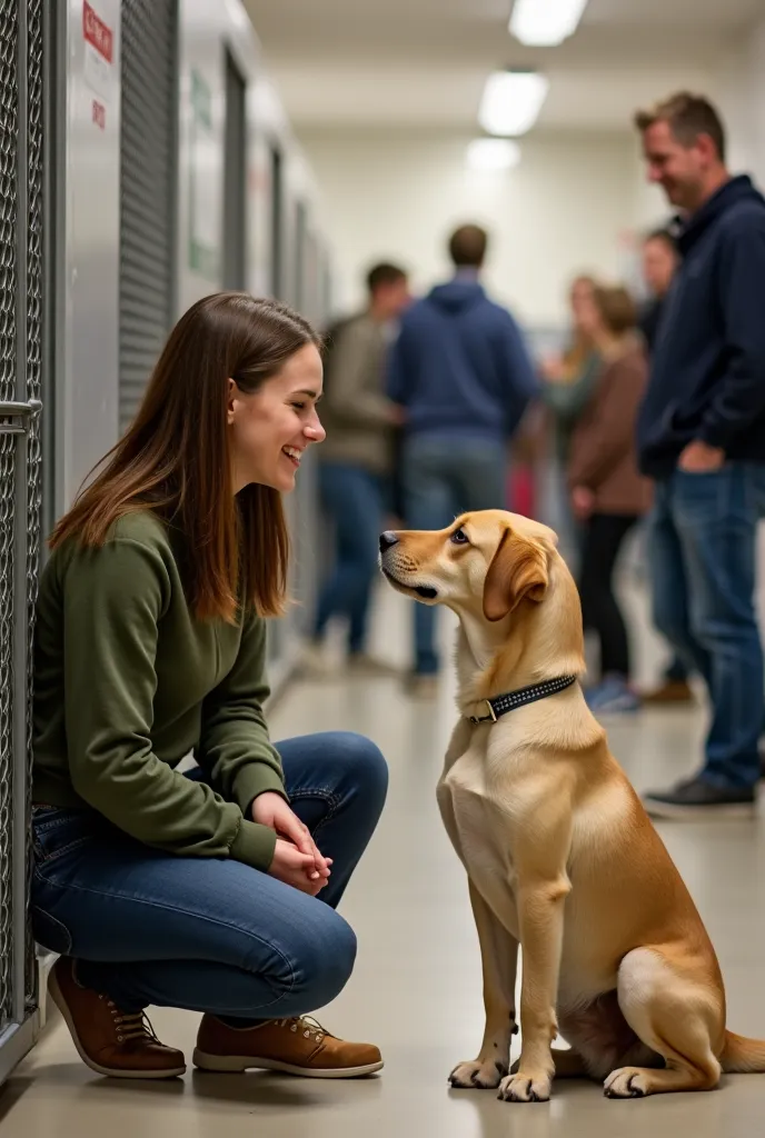  A young woman (Emily) with shoulder-length brown hair and a warm smile kneels in front of Max’s kennel. Max is sitting up, his tail wagging slightly, his eyes locked on Emily. The shelter is bustling with activity—families and ren are in the background, l...