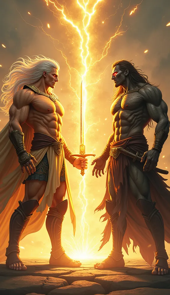 An intense confrontation between the hero and the villain, both standing in a final combat stance in a cinematic, ultra-realistic anime style. The hero stands to the left, imposing and powerful. His muscular body is accentuated with every detail of his ski...