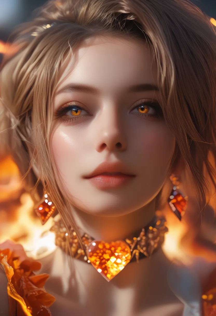 The image features a close-up of a young person's face, showcasing striking details. The most prominent feature is the eye, which glows with a vibrant orange hue, resembling molten lava or a fiery gemstone. This captivating eye is framed by long, dark lash...