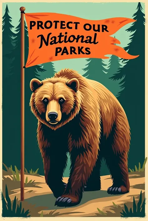 "A stylized illustration of a strong, majestic brown bear walking forward while holding a waving flagpole in its mouth. The flag is vibrant orange with bold, hand-drawn lettering that reads 'Protect Our National Parks' in a rustic, adventure-inspired font....