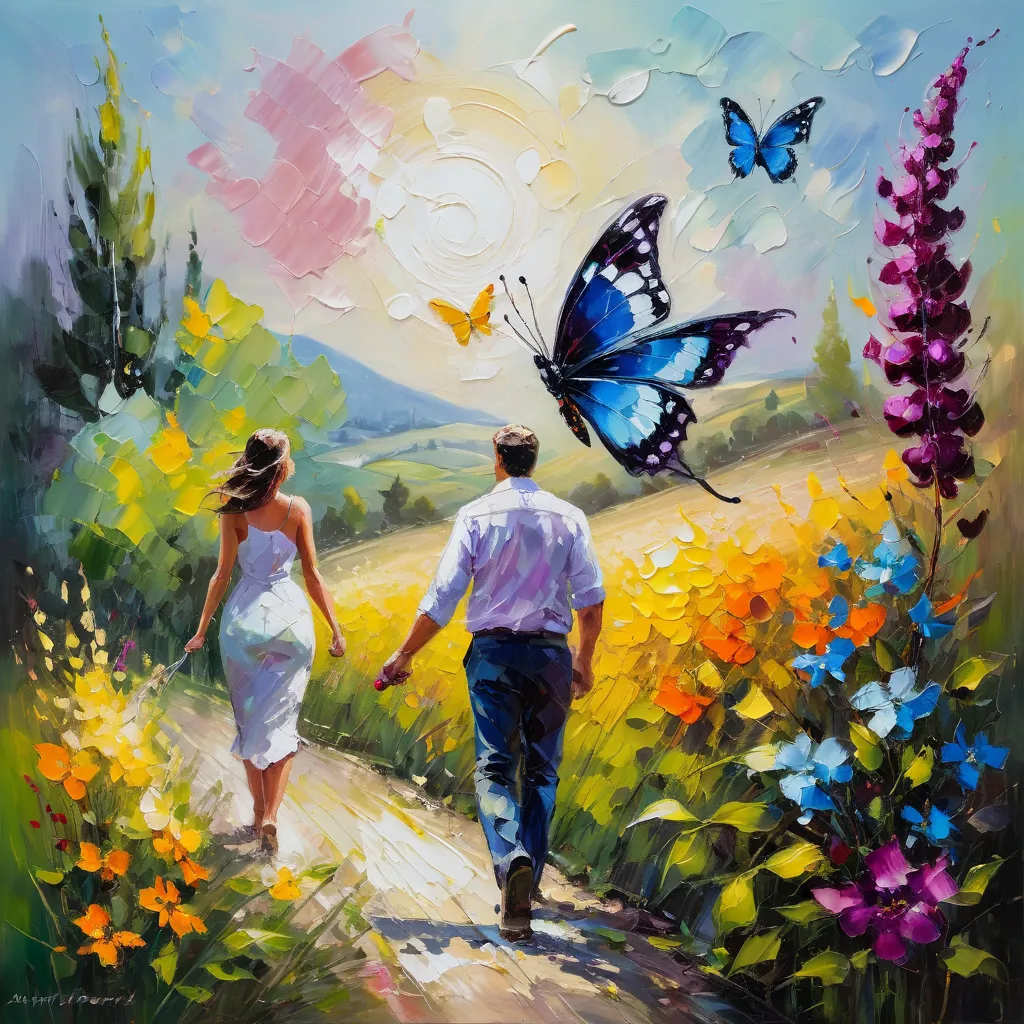 Painting with a thick palette knife, oil on canvas, hard brushstroke, drifting colors, paint splashes. The mystery of Pinot Noir is wonderful, the theme of the picture, a beautiful butterfly on a flower, in the background two figures, loving each other, wa...