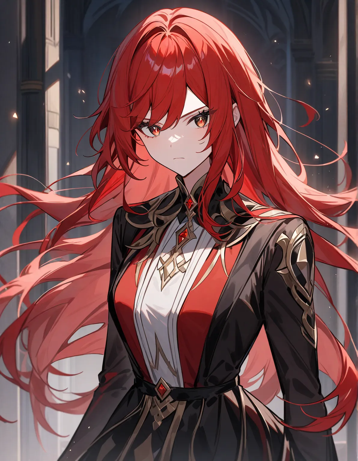 Anime girl with very long white and red hair inside with red highlights, with black eyes and red x-shaped pupils, anime genshin impact, Stylish black and red clothes and she's tall She's an Adult, Serious expression the clothes are elegant black.