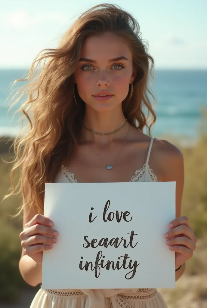 Beautiful girl with wavy long hair, bohemian dress, holding a white board with text "I Love Seaart Infinity" and showing it to the viewer