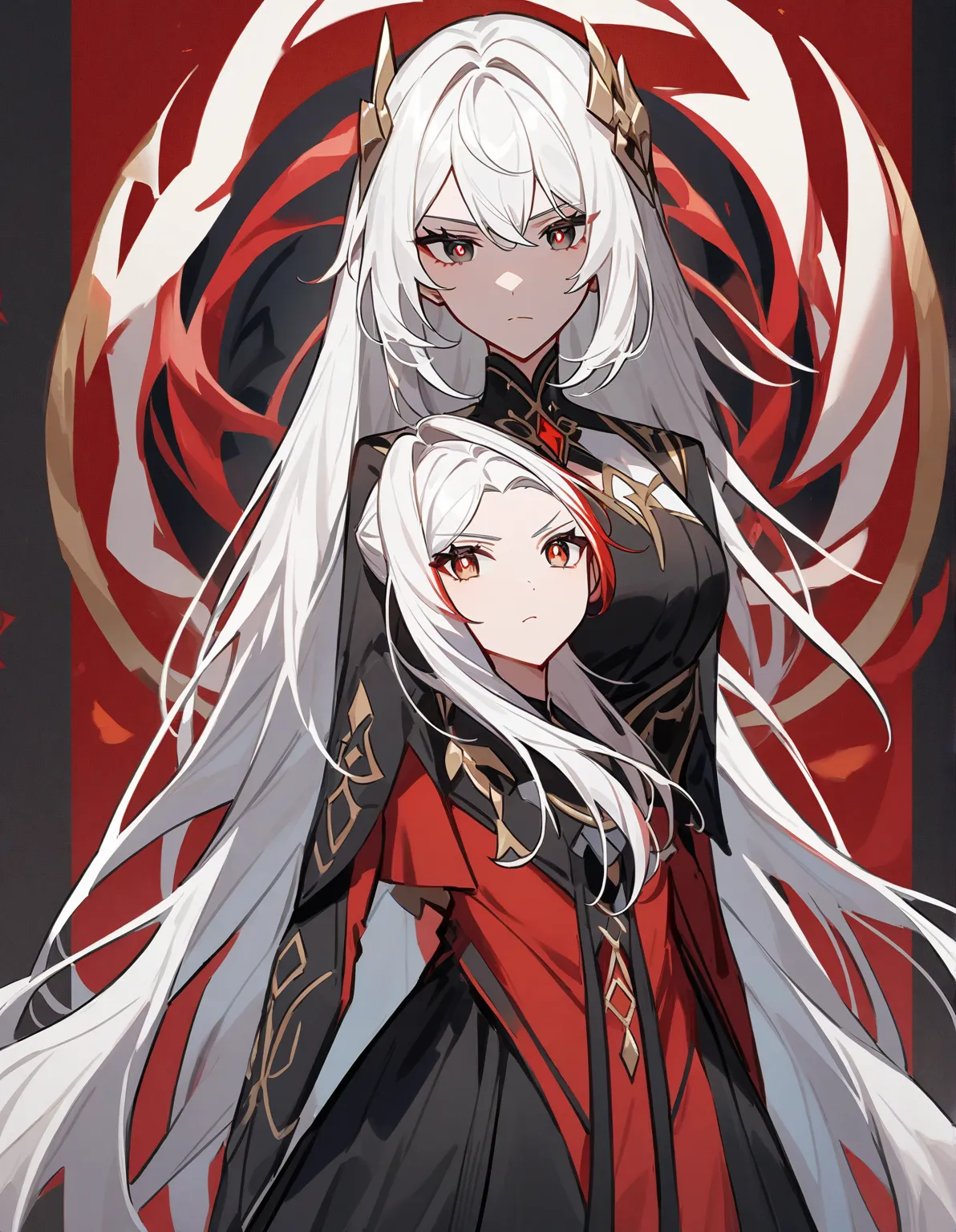 Anime girl with very long white hair with red highlights, with black eyes and red x-shaped pupils, anime genshin impact, Stylish black and red clothes and she's tall She's an Adult, Serious expression the clothes are elegant black.