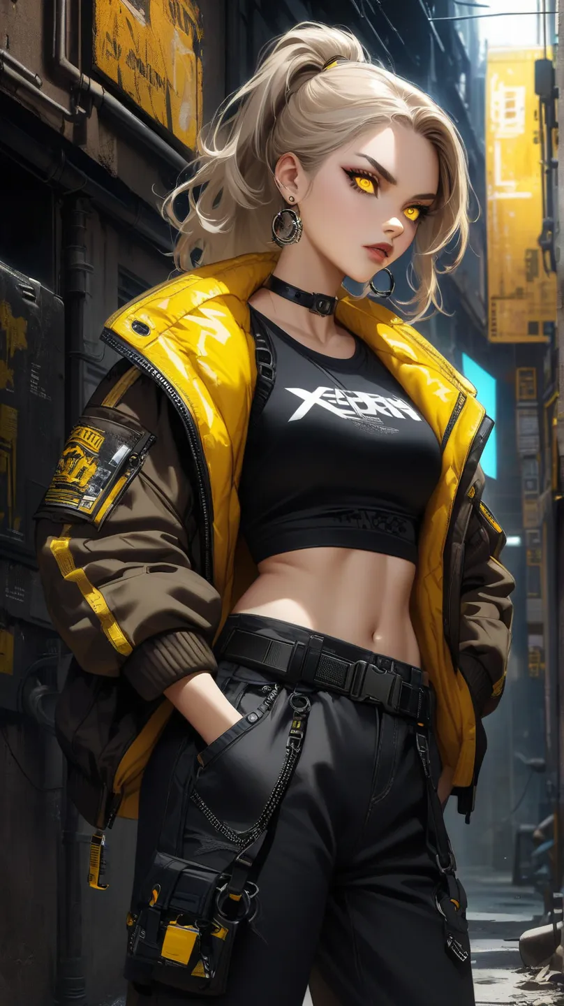 "A fierce and confident young woman with long, messy platinum blonde hair tied in a high ponytail, standing in a narrow neon-lit alleyway with yellow industrial signs and pipes in the background. She has piercing eyes and a rebellious attitude, wearing a b...