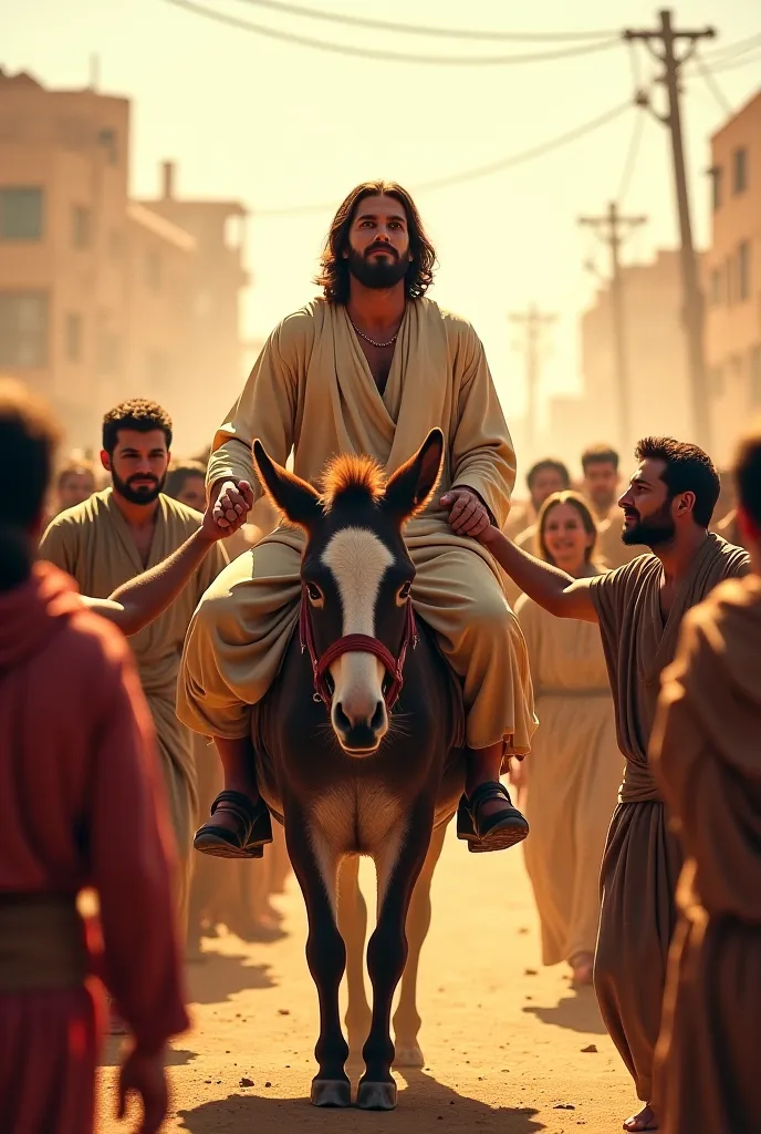 Jesus riding on a donkey with a crowd around him